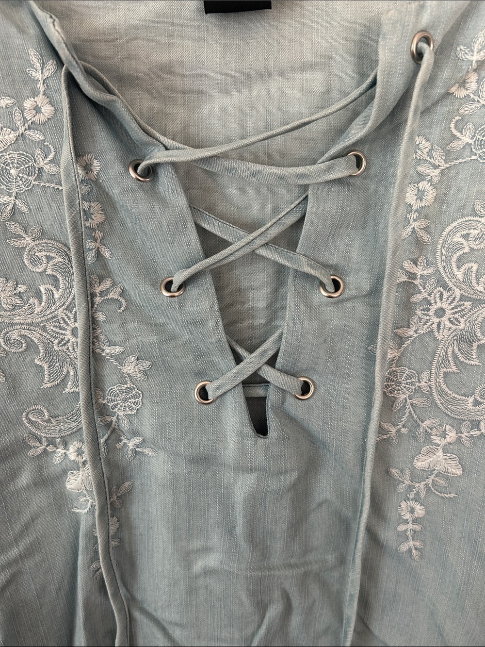 Karen Kane Light Blue Lace-Up Embroidered Peasant Top